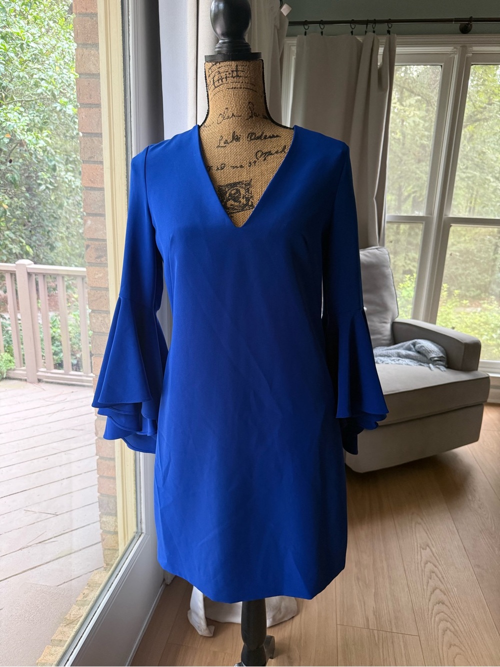 Milly Cobalt V-Neck Layered Bell-Sleeve Mini Dress